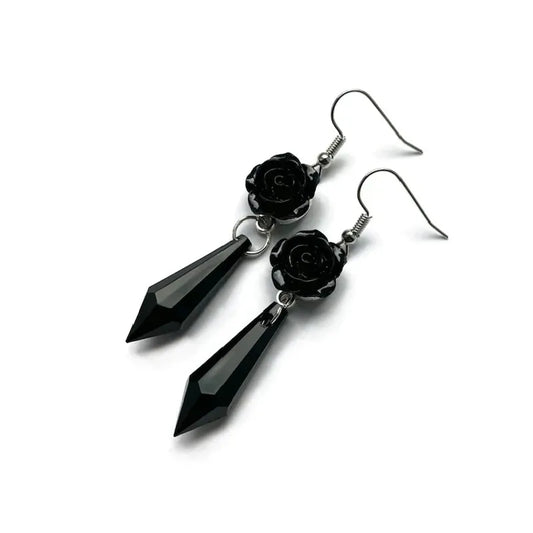 Goth Black Rose Earrings – Vintage Victorian Teardrop Bead Jewelry for Brides & Romantic Occasions