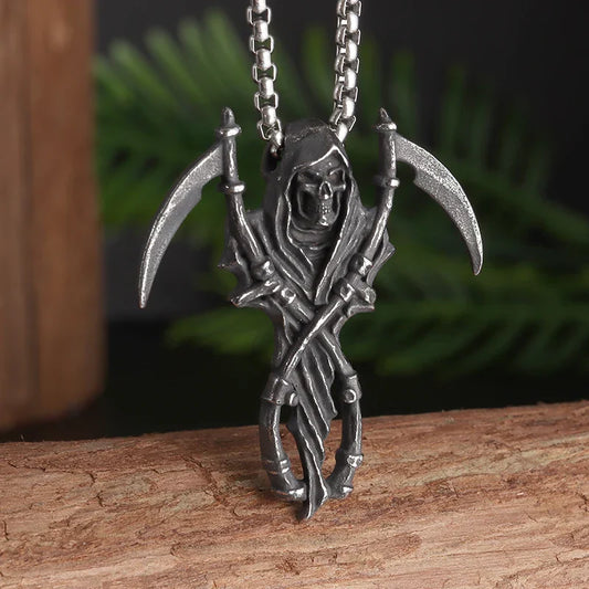Gothic Grim Reaper Scythe Pendant – Hell Demon Biker Necklace for Men