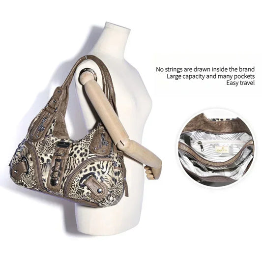 Women’s Vintage Leopard Print Handbag – Punk Biker Shoulder Satchel with Multi-Pockets