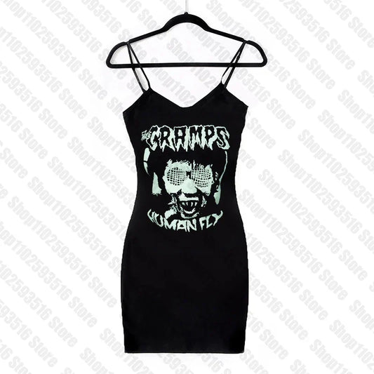 Sexy Gothic Graphic Black Dress – Y2K Emo Punk Harajuku Party Dress for Women