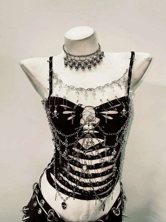 Gothic Skull Bustier Tank Top – Y2K Punk Crop Top for Edgy Streetwear Fashion
