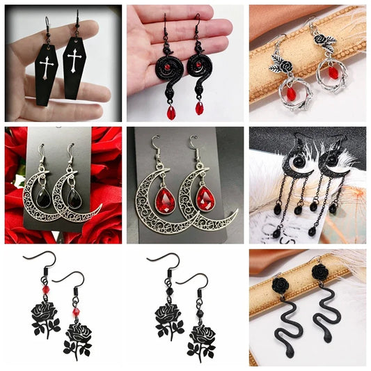Gothic Rose and Black Crystal Earrings – Romantic Dark Witch Vintage Jewelry for Women