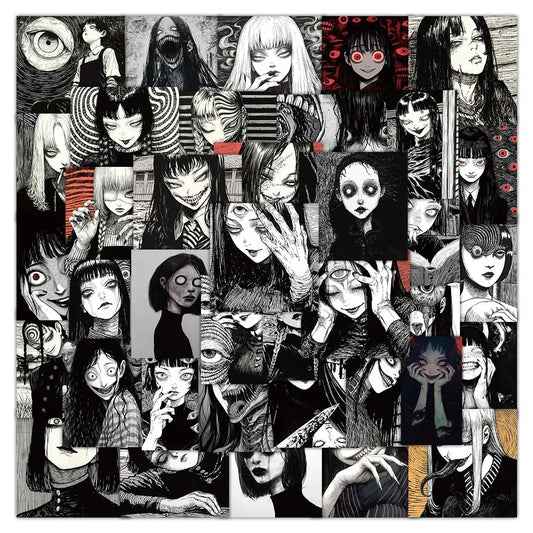 10/30/50pcs Black & White Horror Style Girl Cartoon Stickers – Dark Graffiti Waterproof Decals
