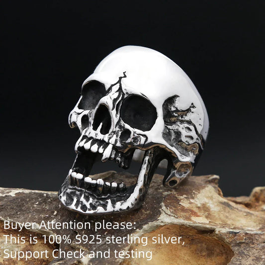 Vintage S925 Sterling Silver Skull Ring – Gothic Biker Vampire Style