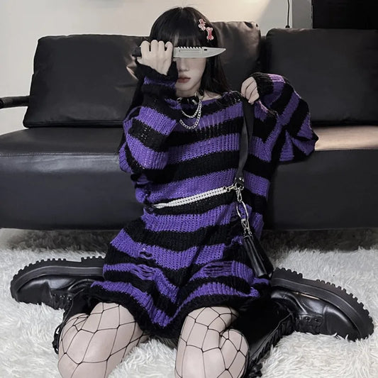 Karrram Goth Sweater – Purple Striped Punk Lolita Pullover Japanese Harajuku Hollow Out Knitted Jumper for E-Girls