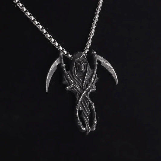 Gothic Grim Reaper Scythe Pendant – Hell Demon Biker Necklace for Men
