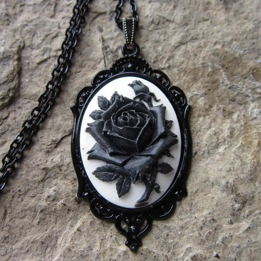 Gothic Rose Cameo Necklace For Women Girl Alternative Witch Jewelry Accessories Gift Victoria White or Black Rose Pendant Choker