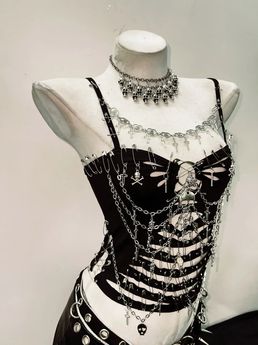 Gothic Skull Bustier Tank Top – Y2K Punk Crop Top for Edgy Streetwear Fashion