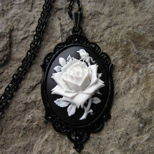 Gothic Rose Cameo Necklace For Women Girl Alternative Witch Jewelry Accessories Gift Victoria White or Black Rose Pendant Choker